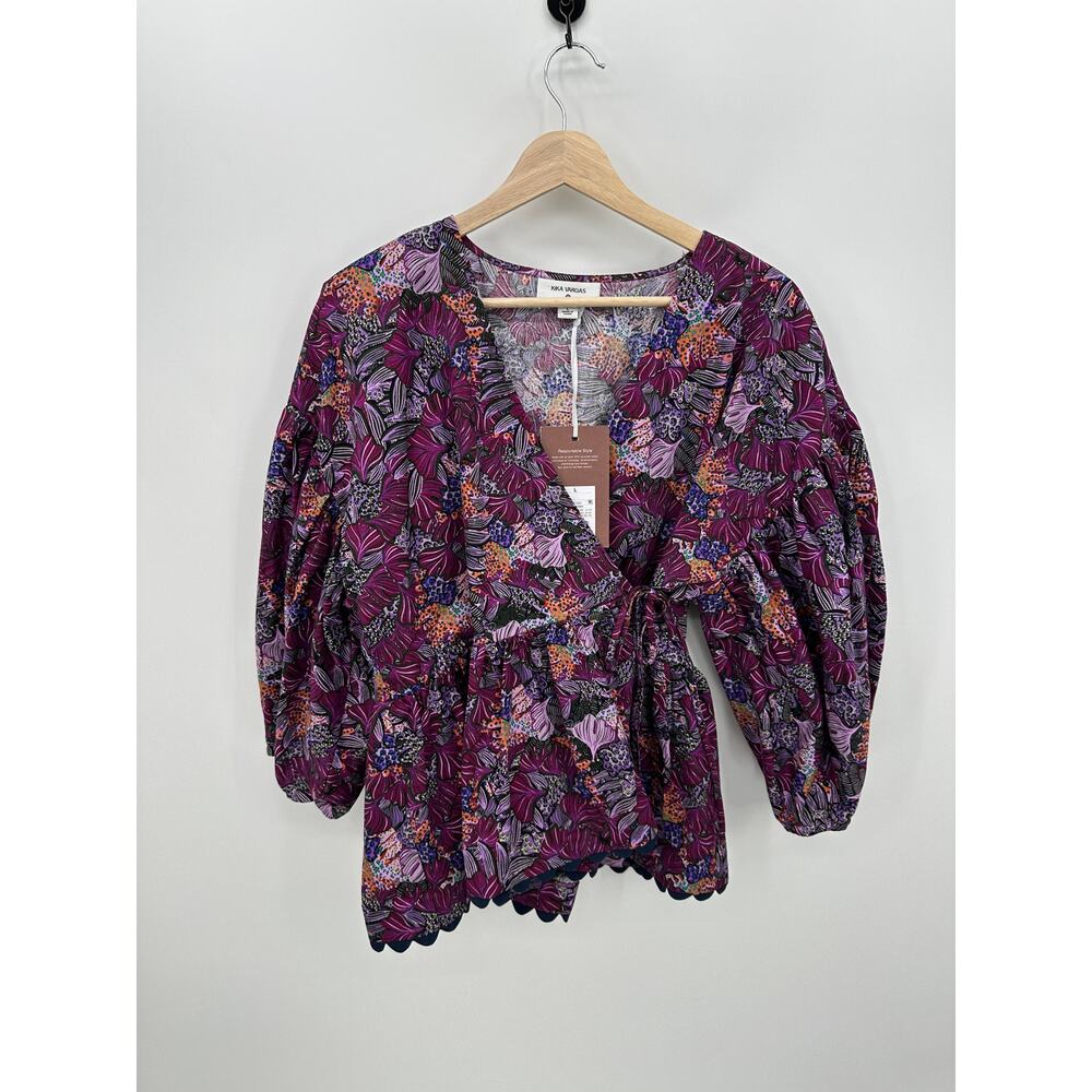 Kika Vargas Target Blouse Women Large NWT‎ Purple Wrap Front Puff Sleeve
